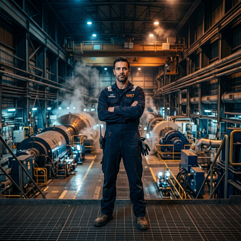 Engenheiro WR7 em planta industrial com geradores