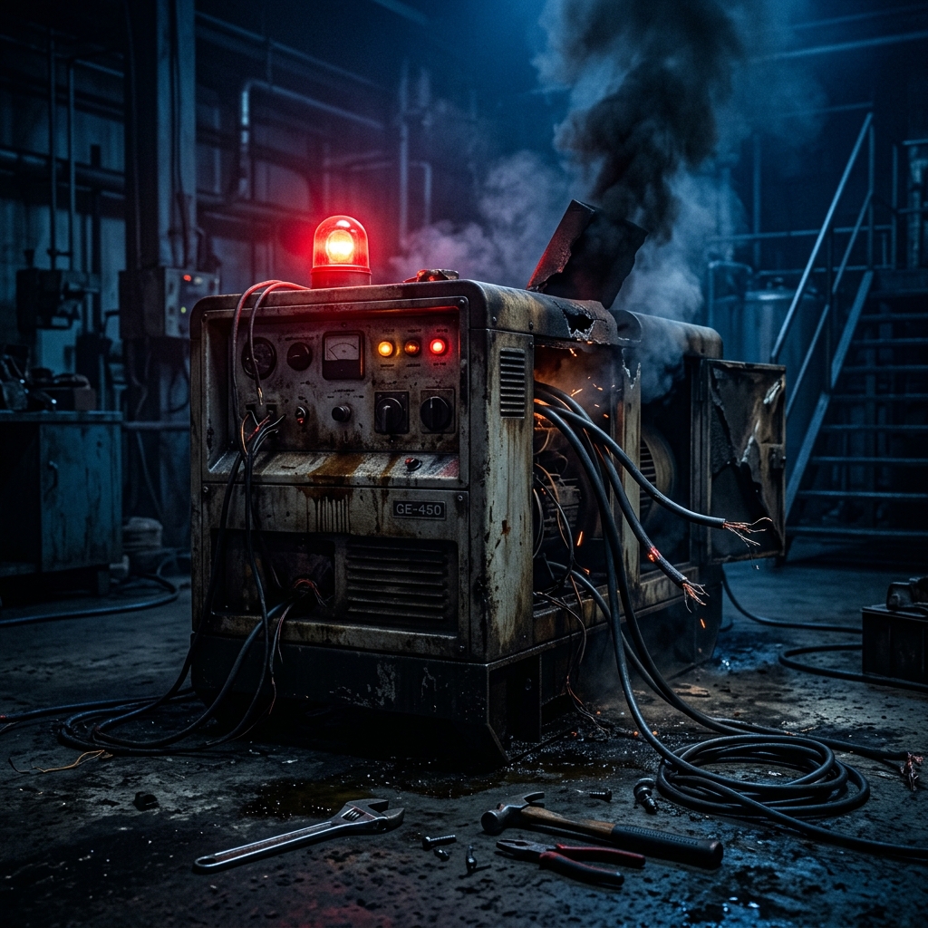 Equipamento industrial parado com luzes de emergência