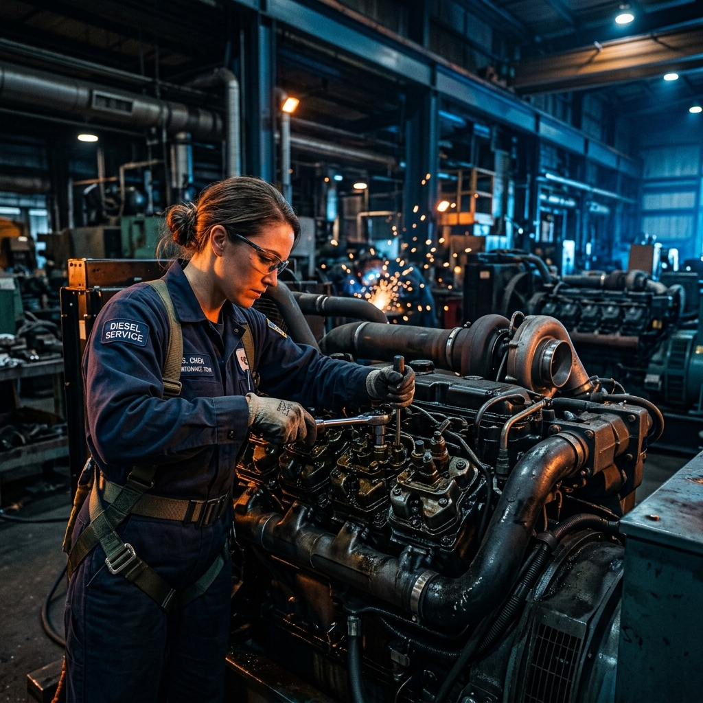 Técnico realizando manutenção de gerador industrial