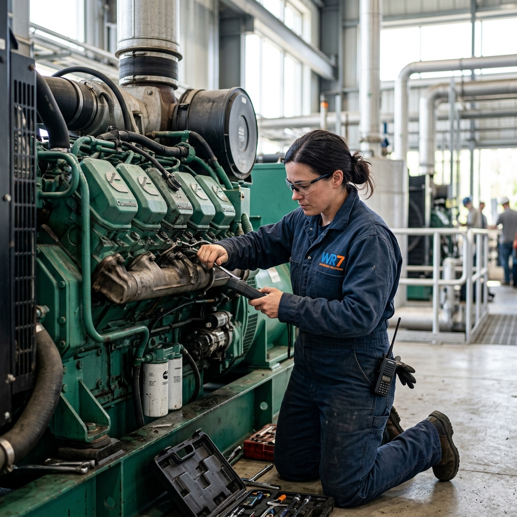 Técnica realizando manutenção em gerador Cummins de 40 a 2500 Kva